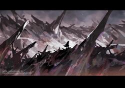  1boy black_border border commentary_request daybit_sem_void dim_lighting dust fate/grand_order fate_(series) grey_sky highres jagged_rocks kalak_39 landscape mountainous_horizon nahui_mictlan_(fate/grand_order) pixiv_id scenery sky smoke smoke_trail solo very_wide_shot wasteland weibo_username 