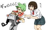  ayase_fuuka bullfighting child green_eyes green_hair iefukurou koiwai_yotsuba multiple_girls quad_tails riding saddle school_uniform serafuku short_hair sleeves_rolled_up translated yotsubato! 