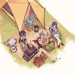  bonfire campfire camping camping_chair chair cooking digimon digimon_(creature) emr-dgmn fire flame_print folding_chair goggles goggles_on_head ichijouji_ken jacket log motomiya_daisuke nose_horn outdoors portable_stove print_jacket spiky_hair tent v-mon wormmon 