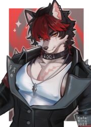  1boy animal_ears artist_name black_coat coat collar commentary dated dog_boy dog_ears earrings english_commentary furrification furry furry_male highres jewelry katarinalin komano_manato looking_at_viewer male_focus multicolored_hair necklace nipples scar scar_across_eye scar_on_chest scar_on_face shirt sparkle upper_body white_shirt zenless_zone_zero 