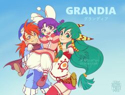  1boy 2girls artist_name belt_pouch bloomers blue_background blue_eyes blue_hat blue_jumpsuit boots brown_boots capelet carrying carrying_person closed_mouth copyright_name crop_top dress earrings feena_(grandia) goggles goggles_on_headwear gradient_background grandia grandia_i green_eyes green_hair hair_ornament hair_tubes hat hug jewelry jumpsuit justin_(grandia) lace_trim long_hair long_sleeves looking_at_viewer low-tied_long_hair medium_hair multiple_girls open_mouth orange_hair orange_shirt pink_capelet pink_dress pink_skirt pouch puffy_long_sleeves puffy_sleeves purple_hair puui_(grandia) red_scarf red_thighhighs ribbon-trimmed_sleeves ribbon_trim scarf shirt short_jumpsuit signature skirt smile socks sphere_earrings spiky_hair starduo striped_clothes striped_socks sue_(grandia) thigh-highs white_bloomers white_sleeves 