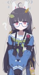  1girl ? absurdres ahoge animal_ear_hairband animal_ears armband binoculars black_gloves black_hair blue-framed_eyewear blue_archive blue_halo blue_serafuku blue_shirt blue_skirt bright_pupils closed_mouth commentary cowboy_shot dirty dirty_clothes fake_animal_ears flashlight glasses gloves green_neckerchief grey_background hairband halo highres leaf_in_hair long_hair long_sleeves looking_at_viewer miyu_(blue_archive) neckerchief own_hands_together papaia_(quentingqoo) pleated_skirt rabbit_ear_hairband rabbit_ears rectangular_pupils red_eyes sailor_collar school_uniform semi-rimless_eyewear serafuku shirt simple_background skirt solo standing stick straight-on straight_hair teardrop-framed_glasses thermos under-rim_eyewear v_arms white_pupils white_sailor_collar 