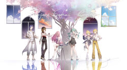  2boys 4girls absurdres again_and_again_ambition!_(project_sekai) ankle_boots aqua_eyes aqua_hair arm_strap asymmetrical_dress bare_legs belt beret black_hat black_pants blonde_hair blue_eyes blue_flower blue_hair blue_rose boots breasts brown_eyes brown_hair chain chain_necklace character_name clothes_writing clothing_cutout coat collared_shirt commentary copyright_name dot_nose dress earrings english_text floral_print_jacket floral_print_pants flower flower_earrings from_behind fur_wrist_cuffs gold_chain great_yell_for_dreamers!_(project_sekai) green_eyes grey_boots grey_dress hair_bun hair_ornament hair_ribbon hairclip hand_up hat hatsune_miku high-waist_pants high_collar highres hip_vent holding holding_megaphone holding_microphone_stand incredibly_absurdres into_the_new_light_(project_sekai) jacket jewelry kagamine_len kagamine_rin kaito_(vocaloid) kimi_no_tonari_kimi_to_miru_ashita_(project_sekai) large_breasts leg_warmers long_sleeves looking_at_viewer looking_back medium_breasts medium_hair megaphone megurine_luka meiko_(vocaloid) microphone microphone_stand multiple_boys multiple_girls nail_polish necklace official_alternate_costume official_alternate_hairstyle on_stool open_clothes open_coat open_jacket open_mouth pants parted_bangs parted_lips pink_hair plaid_clothes plaid_jacket plaid_pants project_sekai purple_belt purple_dress purple_jacket red_trim reflective_floor riai_kurumi ribbon ring rose sandals shirt shoes short_dress short_hair shorts side_part sidelocks sitting smile standing standing_on_one_leg star_(symbol) star_hair_ornament stool striped_clothes striped_shirt swept_bangs tree turning_head twintails two-tone_dress vertical-striped_clothes vertical-striped_shirt violet_eyes vocaloid white_coat white_dress white_leg_warmers white_pants white_shirt white_shoes white_shorts window wrist_cuffs yakusoku_no_passerelle_(project_sekai) yellow_belt yellow_pants 