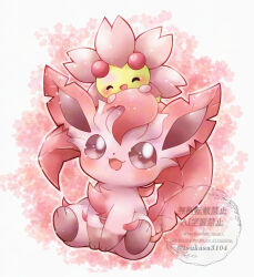  alternate_color alternate_shiny_pokemon blush cherrim cherrim_(sunshine) commentary_request full_body happy leafeon no_humans on_head open_mouth pink_eyes pink_theme pokemon pokemon_(creature) pokemon_on_head tsukasa_pika watermark 