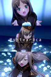  1girl age_progression aged_down bare_shoulders blue_eyes blush brown_dress brown_hair brown_hat brown_sleeves brown_tabard character_name commentary_request detached_sleeves dress echo_(circa) flower gloves hair_between_eyes hair_over_one_eye hat long_hair multiple_views open_mouth sidelocks tabard tales_of_(series) tales_of_the_abyss tear_grants upper_body white_flower white_gloves 