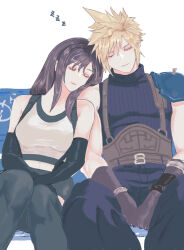  1boy 1girl armor bare_shoulders belt belt_buckle black_gloves black_hair black_skirt black_thighhighs blonde_hair breasts brown_gloves buckle closed_eyes closed_mouth cloud_strife commentary_request crop_top elbow_gloves feet_out_of_frame final_fantasy final_fantasy_vii final_fantasy_vii_rebirth final_fantasy_vii_remake gloves head_on_another's_shoulder heads_together highres large_breasts leaning_on_person long_hair lurowono midriff_peek multiple_belts on_bench pants purple_pants purple_sweater ribbed_sweater short_hair shoulder_armor simple_background sitting skirt sleeping sleeveless sleeveless_turtleneck smile spiky_hair suspender_skirt suspenders sweater tank_top thigh-highs tifa_lockhart turtleneck turtleneck_sweater white_background white_tank_top zzz 