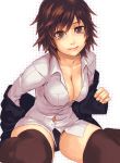  and black_legwear breasts brown_eyes brown_hair cleavage looking_at_viewer original shirt short_hair sitting solo thigh-highs thighhighs undressing wariza white_shirt 