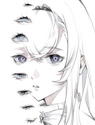  1girl aaa_you_ying_de_duanzao_shi_mogu_pifa arknights chinese_commentary commentary_request diamond-shaped_pupils diamond_(shape) expressionless extra_eyes hairband highres long_hair looking_at_viewer parted_lips partially_colored portrait priestess_(arknights) simple_background solo symbol-shaped_pupils violet_eyes white_background 