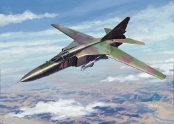  1other air-to-air_missile aircraft airplane blue_sky camouflage clouds dated day fighter_jet flying horikou mig-23 military_vehicle mountain original river signature sky solo soviet vehicle_focus 