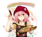  apron blush bra_strap bust cabbie_hat face gj_(minoru) hands hat highres messy oekaki_musume original paint paint_stains paintbrush palette pink_hair red_eyes short_hair sleeves_rolled_up solo strap_slip 