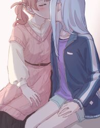  2girls absurdres blue_jacket brown_hair closed_eyes dress grey_hair grey_shorts highres jacket kiss long_hair mochizuki_honami multiple_girls pink_sweater project_sekai purple_shirt sami_kura shirt shorts sitting sweater sweater_dress twintails white_shirt yoisaki_kanade yuri 