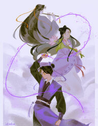  1girl 2boys adoptive_siblings black_hair black_hanfu chenqing_flute chinese_clothes closed_mouth commentary dizi english_commentary expressionless flower flute flute_tassel fog from_behind glaring grandmaster_of_demonic_cultivation hair_bun hair_ribbon hanfu highres holding holding_flower holding_flute holding_instrument holding_weapon holding_whip idledee instrument jiang_cheng jiang_yanli lightning long_hair long_sleeves lotus lotus_leaf multiple_boys pink_flower ponytail purple_background purple_hanfu purple_theme qixiong_ruqun red_ribbon ribbon robe sash siblings sidelocks signature standing tassel topknot transverse_flute very_long_hair weapon wei_wuxian wei_wuxian_(yiling_laozu) whip wide_sleeves xiao_guan_(headdress) 