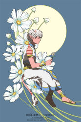  1boy armlet blue_background blue_gem blue_trim body_markings bracelet bud closed_eyes colored_skin commentary_request dragon_quest dragon_quest_x flower flower_request gem gold_armlet gold_bracelet gold_trim gurie_(dq10) holding holding_flower horns invisible_chair jewelry male_focus pink_skin pointy_ears profile sandals short_hair shoulder_spikes sitting skirt solo spica5577 spikes tail vest white_flower white_hair white_skirt white_vest 