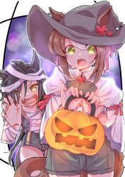 2girls air_shakur_(umamusume) animal_ears ascot bandaged_arm bandaged_head bandages black_ascot black_hair black_shorts blush brown_hair claw_pose collared_shirt commentary_request eyebrow_piercing face_piercing fine_motion_(umamusume) green_eyes hair_between_eyes halloween_bucket hat highres holding holding_halloween_bucket horse_ears horse_girl horse_tail long_hair long_sleeves looking_at_viewer multicolored_hair multiple_girls namatyoco open_mouth piercing shirt shorts smile tail umamusume white_hair white_shirt witch_hat yellow_eyes 