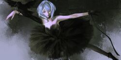  1girl ballerina ballet ballet_slippers bare_shoulders bird black_choker black_dress black_pantyhose blue_hair choker crow dancing detached_sleeves dress expressionless genshin_impact gloves hair_intakes highres mer_(merrverse) odette_(genshin_impact) outstretched_arms pantyhose ribbon single_glove single_sleeve standing standing_on_one_leg tutu violet_eyes wrist_ribbon 
