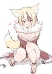  1girl animal_ears black_hair blonde_hair blush breasts cleavage fire_emblem fire_emblem_if fox_ears fox_tail jiino kinu_(fire_emblem_if) knees_up long_sleeves multicolored_hair parted_lips short_hair simple_background sitting solo tail two-tone_hair white_background 