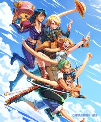  2girls 5boys ^_^ arm_up arms_up black_hair black_suit blonde_hair blue_shorts camisole cigarette closed_eyes clouds commentary_request cropped_jacket green_pants hat highres holding holding_cigarette holding_sword holding_unworn_clothes holding_unworn_hat holding_weapon itsadragon_art jacket long_nose looking_ahead midriff monkey_d._luffy multiple_boys multiple_girls nami_(one_piece) navel nico_robin one_piece orange_hair overalls pants pink_hat purple_jacket purple_pants roronoa_zoro sanji_(one_piece) shirt short_hair shorts smile spanish_commentary straw_hat_pirates suit sword tony_tony_chopper twitter_username unworn_hat unworn_headwear usopp weapon white_shirt 