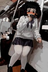  1girl absurdres afro bags_under_eyes black_eyes black_hair black_shoes black_skirt blush bow bowtie casato curly_hair ellie_(casato) embarrassed heart highres holding holding_phone hood hoodie kinky_hair looking_at_phone miniskirt nose_blush original ornate_phone_case phone sailor_collar shoes skirt solo standing thigh-highs train_interior white_thighhighs 