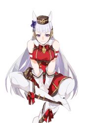  1girl absurdres animal_ears armband blunt_bangs boots bow breasts brown_hat closed_mouth dress ear_bow ear_ribbon gloves gold_ship_(red_strife)_(umamusume) gold_ship_(umamusume) grey_hair hat higashino highres horse_ears horse_girl large_breasts long_hair looking_at_viewer pantyhose pillbox_hat red_bow red_dress sitting sleeveless sleeveless_dress smile solo striped_armband striped_clothes umamusume violet_eyes white_boots white_gloves white_pantyhose 