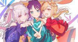  3girls animal_ears blonde_hair blue_eyes blue_nails cho_kaguya-hime! closed_mouth colored_inner_hair commentary_request detached_sleeves double_bun fox_ears fox_girl green_eyes hair_bun heart heart_hands heart_hands_trio heart_in_heart_hands highres kaguya_(cho_kaguya-hime!) kaguya_(fanatic_omatsuri_girl)_(cho_kaguya-hime!) kaguya_(tsukuyomi)_(cho_kaguya-hime!) long_hair long_sleeves looking_at_viewer multicolored_hair multiple_girls nail_polish open_mouth pink_hair purple_hair purple_nails rabbit_ears rabbit_girl runami_yachiyo runami_yachiyo_(fanatic_omatsuri_girl) runami_yachiyo_(tsukuyomi) sakayori_iroha sakayori_iroha_(fanatic_omatsuri_girl) sakayori_iroha_(tsukuyomi) syanriumu violet_eyes white_hair 