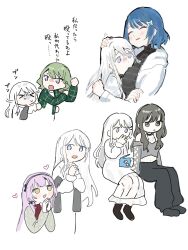  5girls bang_dream! bang_dream!_our_notes black_pants boots brown_boots brown_hair dress eating green_hair grey_hoodie grey_jacket grey_shawl hakochi_yuu hamasaki_mahoro heart highres hood hoodie izawa_natsume izumi_houka jacket kotohira_nagi long_hair medium_hair millsage_(bang_dream!) multiple_girls pants petting pink_hair shawl shiomi_hotaru simple_background tamago_boro_(food) translation_request wavy_hair white_background white_dress 