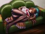  blue_eyes brown_hair lying makise_kurisu necktie pantyhose sofa solo_girl steins;gate 