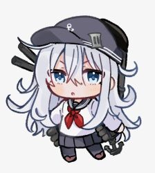  1girl anchor_symbol black_hat black_sailor_collar black_skirt black_thighhighs blue_eyes blue_hair blush brown_shoes chibi chibi_only commentary_request double-parted_bangs flat_cap full_body gun hair_between_eyes hat hat_pin hibiki_(kancolle) highres kantai_collection long_hair long_sidelocks long_sleeves looking_at_viewer mia_umauma neckerchief open_mouth pleated_skirt red_neckerchief rigging sailor_collar shirt shoes sidelocks simple_background skirt smokestack solo thigh-highs torpedo_tubes very_long_hair weapon white_background white_shirt 