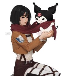  2girls artist_name black_hair brown_jacket closed_mouth commission creature cropped_jacket grey_eyes hair_between_eyes highres holding holding_creature jacket kneeling kuromi mikasa_ackerman multiple_girls red_scarf sanrio scarf second-party_source shared_clothes shared_scarf shingeki_no_kyojin shirt short_hair sumiensp survey_corps_(emblem) three-dimensional_maneuver_gear white_background white_shirt 