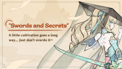  1girl aqua_bow aqua_eyes backless_dress backless_outfit beyond_the_chrysalis_(genshin_impact) bow bright_pupils commentary detached_sleeves dress drill_hair english_commentary english_text fairy_wings fur_trim genshin_impact gloves hair_bow hat holding holding_sword holding_weapon juliet_sleeves long_hair long_sleeves looking_at_viewer looking_back mountainous_horizon official_art pale_skin pink_bow pointy_ears puffy_sleeves smile sword vesna_(genshin_impact) weapon white_gloves white_pupils wings 