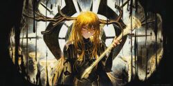  1girl absurdres antlers armor arms_at_sides black_armor black_cape black_necktie black_shirt blonde_hair breastplate cape closed_mouth collared_shirt commentary_request couter dark_foreground don_quixote_(project_moon) faulds floating floating_object floating_weapon glowing glowing_weapon gold_trim hair_between_eyes hand_up haute_couture::le_noir_brand_manager_(identity)_(project_moon) highres horns limbus_company long_hair looking_at_viewer nail_(hardware) necktie nemesiss_shido oversized_object pauldrons project_moon rerebrace shirt shoulder_armor solo tassets upper_body vambraces very_long_hair weapon yellow_eyes 