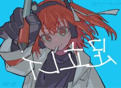  a.i._voice adachi_rei black_gloves black_sweater character_name gloves headset highres jacket lamp looking_at_viewer orange_eyes orange_hair side_ponytail sweater white_jacket writing yuyu_no_suke 