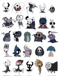  2others 6+boys 6+girls antennae armor arthropod_boy arthropod_girl arthropod_limbs asymmetrical_horns belt big_head black_skin blank_eyes blue_armor blue_cloak blue_hat blue_helmet blue_skin blush blush_stickers bretta_(hollow_knight) brown_mask cape carrying carrying_over_shoulder cloak closed_eyes cloth_(hollow_knight) colored_skin commentary confessor_jiji cornifer corrupted_twitter_file elderbug_(hollow_knight) emilitia_(hollow_knight) english_commentary everbloom_(hollow_knight) extra_arms extra_eyes floating_cape flower frown fur-trimmed_cloak fur_trim glasses godseeker_(hollow_knight) green_skin grey_cape grey_cloak grey_fur grey_ribbon grey_skin grimm_(hollow_knight) grubfather_(hollow_knight) hand_on_own_chin hand_on_own_hip hat helmet high-waist_belt highres holding holding_flower holding_key holding_paper holding_pickaxe holding_quill holding_staff holding_weapon hollow_eyes hollow_knight horned_mask hornet_(hollow_knight) horns humming iselda key knight_(hollow_knight) large_hat lemm_(hollow_knight) looking_at_another looking_at_viewer looking_to_the_side looking_up mandibles mask mask_on_head midwife_(hollow_knight) millibelle_(hollow_knight) mining_helmet mister_mushroom moth_antennae multiple_boys multiple_girls multiple_horns multiple_others mushroom mushroom_boy musical_note myla_(hollow_knight) needle_(hollow_knight) own_hands_together p_0p pale_king_(hollow_knight) paper pickaxe pink_eyes pointy_nose purple_belt purple_cloak purple_skin quill quirrel red_cloak red_eyes ribbon rolled-up_paper round_eyewear seer_(hollow_knight) shade_(hollow_knight) shield shoulder_armor simple_background sitting sly_(hollow_knight) smile snail_shaman_(hollow_knight) staff stinger string striped_cloak striped_mask tiso two-tone_cloak vertical-striped_cloak weapon white_background white_cloak white_flower white_mask white_skin white_string yellow_helmet yellow_mask zote 