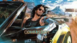  1boy bare_shoulders beard black_hair car cigarette cyberpunk_(series) cyberpunk_2077 dog_tags driving facial_hair full_beard johnny_silverhand kaichi1129 male_focus mechanical_arms motor_vehicle outdoors prosthesis prosthetic_arm road single_mechanical_arm sleeveless smile smoking solo 