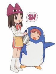  2girls :d a_(phrase) animal_costume animal_hat ankle_socks apron azumanga_daioh bow bowtie brown_eyes brown_hair cat_hat closed_eyes commentary_request hat highres holding holding_plate kasuga_ayumu kin_utau long_hair mihama_chiyo multiple_girls orange_bow orange_bowtie orange_hair penguin_costume plate simple_background smile socks speech_bubble waist_apron white_background white_socks yellow_apron 