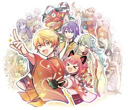  >_< 1other 4boys 6+girls :d ;d ^_^ akiyama_mizuki animal_ears aoyagi_touya asahina_mafuyu azusawa_kohane beamed_eighth_notes beanie black_gloves black_hair black_jacket blonde_hair blue_hair blue_jacket brown_coat brown_eyes brown_hair brown_pants closed_eyes closed_mouth coat commentary fake_animal_ears fingerless_gloves flying_sweatdrops fringe_trim gloves goggles goggles_on_head grey_hair grey_hat hair_ornament hair_ribbon hanasato_minori hat highres hinomori_shiho hinomori_shizuku hoshino_ichika_(project_sekai) jacket japanese_clothes kamishiro_rui kimono kiritani_haruka kusanagi_nene lion_dance mochizuki_honami momoi_airi momomo_(m0_3) multicolored_hair multiple_boys multiple_girls musical_note obi one_eye_closed ootori_emu ootori_hinata outstretched_arm pants parted_lips pink_hair pointing ponytail project_sekai purple_hair purple_scarf red_eyes red_kimono ribbon rubbing_eyes sash scarf seatbelt shinonome_akito shinonome_ena shiraishi_an shishimai ski_pole smile snake_hair_ornament snowboard sparkle streaked_hair tenma_saki tenma_tsukasa trembling two_side_up untranslatable_commentary v-shaped_eyebrows violet_eyes vocaloid white_hat white_kimono xd yellow_ribbon yoisaki_kanade 