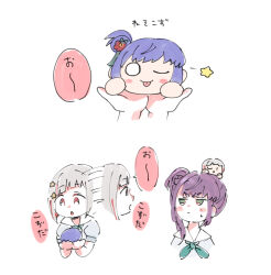  2girls :p ;p blush_stickers character_and_character_item character_doll colored_inner_hair colored_speech_bubble commentary_request doll doll_on_head green_eyes hair_bun hasu_no_sora_school_uniform holding holding_doll jitome love_live! love_live!_hasu_no_sora_jogakuin_school_idol_club moso_(expect66) multicolored_hair multiple_girls nesoberi one_eye_closed open_mouth otomune_kozue red_eyes red_hair red_streaks sailor_collar school_uniform side_ponytail sidelocks simple_background single_side_bun speech_bubble streaked_hair summer_uniform sweatdrop tongue tongue_out virtual_youtuber white_background white_hair white_sailor_collar yugiri_tsuzuri 