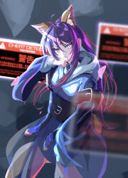  1girl absurdres animal_ears blue_hoodie blue_kimono cho_kaguya-hime! commentary_request facial_mark forehead_jewel fox_ears fox_girl fox_tail green_eyes highres hood hood_down hoodie japanese_clothes kimono long_hair purple_hair sakayori_iroha sakayori_iroha_(tsukuyomi) solo tail uonun_illust 