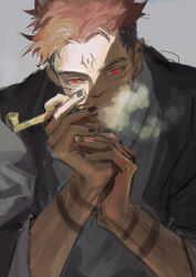  1boy absurdres black_nails extra_eyes grey_background highres jujutsu_kaisen looking_at_viewer male_focus pink_hair red_eyes ryoumen_sukuna_(jujutsu_kaisen) short_hair simple_background solo straight-on undercut woshihedawei 