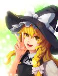  blonde_hair braid elrowa face hands hat highres kirisame_marisa long_hair open_mouth portrait smile solo star touhou v witch witch_hat yellow_eyes 