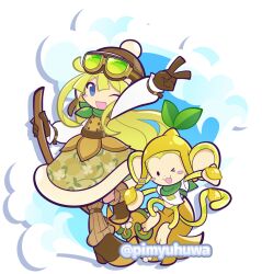  >_o 1girl alternate_costume arm_up beanie blonde_hair blue_eyes blush_stickers broom brown_gloves brown_hat brown_leg_warmers brown_shoes buttons clouds commentary_request double-breasted floral_print floral_print_skirt food fruit fur-trimmed_skirt fur_trim gloves goggles goggles_on_headwear green-framed_eyewear green_neckerchief green_skirt green_vest hat high_heels holding holding_broom holding_food holding_fruit holding_with_tail leg_warmers lemon lemonkey_(puyopuyo) long_hair monkey neckerchief official_style one_eye_closed open_mouth outstretched_arm pimyuhuwa pom_pom_(clothes) pom_pom_beanie prehensile_tail print_skirt puffy_sleeves puyopuyo puyopuyo_quest shirt shoes simple_background skirt smile standing standing_on_one_leg tail twitter_username v very_long_hair vest white_background white_shirt witch_(puyopuyo) yellow_hat 