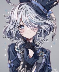  1girl artist_name black_gloves blue_eyes blue_gem blue_hat blue_jacket blush colored_eyebrows dot_nose finger_to_cheek furina_(genshin_impact) gem genshin_impact gloves grey_background grey_hair half_gloves hat highres jacket light_smile long_sleeves looking_at_viewer mini_hat one_eye_covered short_hair solo swept_bangs upper_body usa_(usagi_minku) 