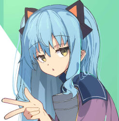  1girl animal_ear_hairband animal_ears ao_no_kiseki armor blue_hair breastplate cat_ear_hairband cat_ears eiyuu_densetsu fake_animal_ears green_background hairband hajimari_no_kiseki long_hair naisu_(nai_su01) open_mouth tio_plato v yellow_eyes zero_no_kiseki 