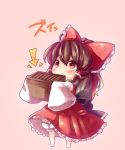  :&lt; arrow blush bow box brown_eyes brown_hair chibi detached_sleeves directional_arrow donation_box hair_bow hakurei_reimu highres looking_up miko oversized_clothes simple_background solo touhou yuya_(night_lily) 