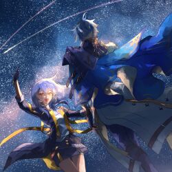  1boy 1girl absurdres antenna_hair arm_up armor black_gloves black_jacket black_skirt blue_cape cape commentary_request floating_cape floating_hair gloves grey_hair hair_between_eyes highres honkai:_star_rail honkai_(series) jacket long_hair looking_at_another night open_mouth pants pauldrons phainon_(honkai:_star_rail) shirt shooting_star short_hair shoulder_armor single_pauldron skirt sky smile sooyu star_(sky) starry_sky stelle_(honkai:_star_rail) trailblazer_(honkai:_star_rail) white_hair white_shirt wind yellow_eyes 