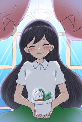  1girl ameatonizi15 black_hair closed_eyes commentary_request curtains facing_viewer flower highres light_rays lily_of_the_valley mari_(faraway)_(omori) mari_(omori) omori plant potted_plant shirt smile solo sunbeam sunlight white_shirt window 