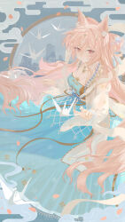  1girl absurdres animal_ear_fluff animal_ears arknights blue_skirt blue_tube_top breasts commentary_request hair_between_eyes hair_ornament highres jiantai large_breasts long_hair long_skirt long_sleeves looking_at_viewer official_alternate_costume origami parted_lips pozyomka_(arknights) pozyomka_(beside_dreams)_(arknights) red_eyes red_hair see-through_clothes skirt solo strapless tube_top 