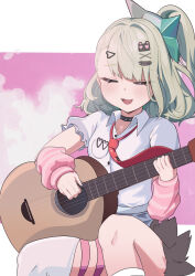  1girl 3jgjoso6gk40909 acoustic_guitar arm_warmers asymmetrical_bangs bandaid bandaid_hair_ornament black_choker black_skirt blush choker closed_eyes collarbone commentary_request fang fur-trimmed_skirt fur_trim green_hair guitar hair_ornament hairclip highres holding holding_guitar holding_instrument instrument multiple_thigh_straps necktie open_mouth playing_guitar playing_instrument red_necktie shirt single_thighhigh sitting skin_fang skirt smile solo striped_arm_warmers sunna_(zenless_zone_zero) thigh-highs thigh_strap white_shirt white_thighhighs zenless_zone_zero 