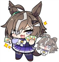  1girl ahoge animal_ears blue_eyes bow bowtie breasts brown_hair brown_shoes card chibi commentary_request fang hair_ornament hair_over_one_eye highres holding holding_card horse_ears horse_girl horse_tail looking_at_viewer marimarimo multicolored_hair open_mouth playing_card pleated_skirt purple_sailor_collar purple_serafuku purple_shirt purple_skirt purple_thighhighs rulership_(umamusume) sailor_collar sailor_shirt school_uniform serafuku shirt shoes short_hair skin_fang skirt smile streaked_hair tail thigh-highs tracen_school_uniform umamusume white_bow white_bowtie 