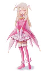  1girl absurdres bare_shoulders black_thighhighs blonde_hair blush boots commentary detached_sleeves fate/kaleid_liner_prisma_illya fate_(series) frilled_thigh_strap gloves highres illyasviel_von_einzbern kaze_22 layered_skirt magical_girl open_mouth pink_boots pink_eyes pink_shirt pleated_skirt shirt skirt solo thigh-highs thigh_boots thigh_strap two_side_up white_gloves white_skirt 