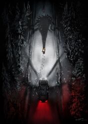  1boy 1other aiming bryan_hodukavich car different_shadow footprints forest from_above full_body gun highres holding holding_gun holding_weapon horror_(theme) monster motor_vehicle nature nicksartist587 outdoors resident_evil resident_evil_(2026_movie) snow snowing standing weapon zombie 